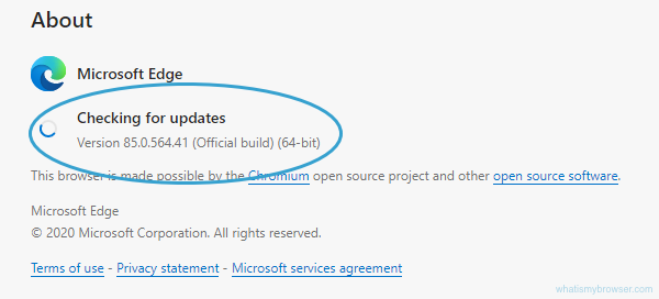 About screen for Edge, showing that it's checking if there's a newer version available.