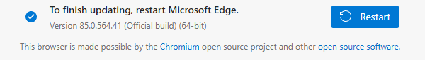 Click the blue Restart button to restart Edge with the new version